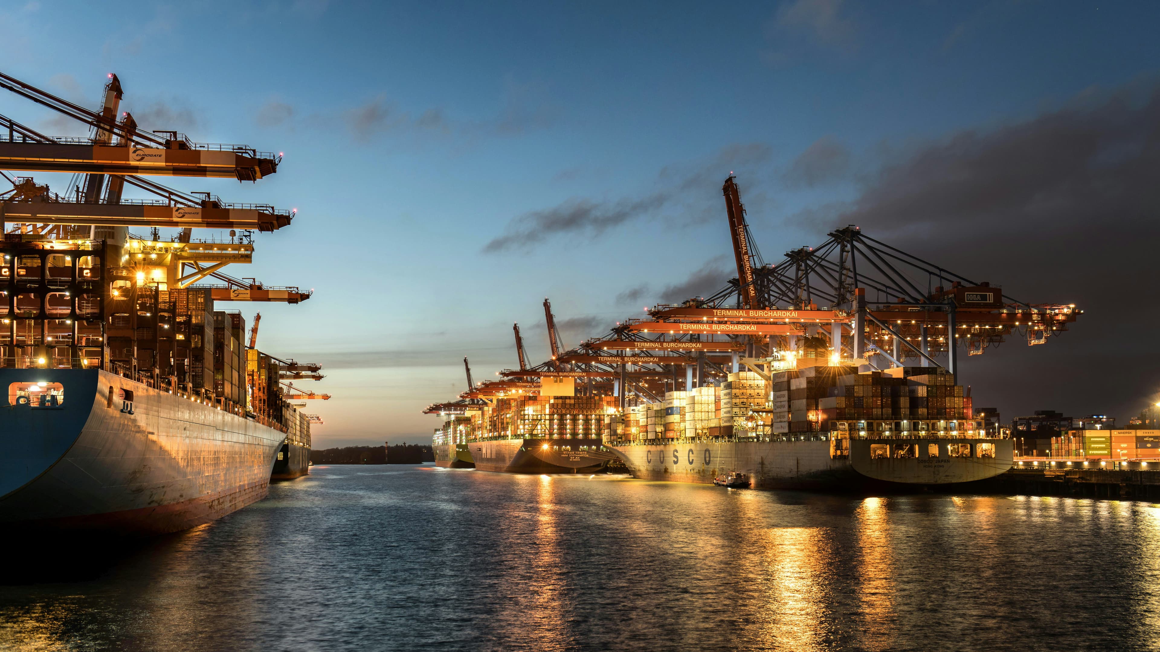 Rotterdam port container terminal, dark industrial atmosphere, dim operational lighting, deep shadows on steel cranes